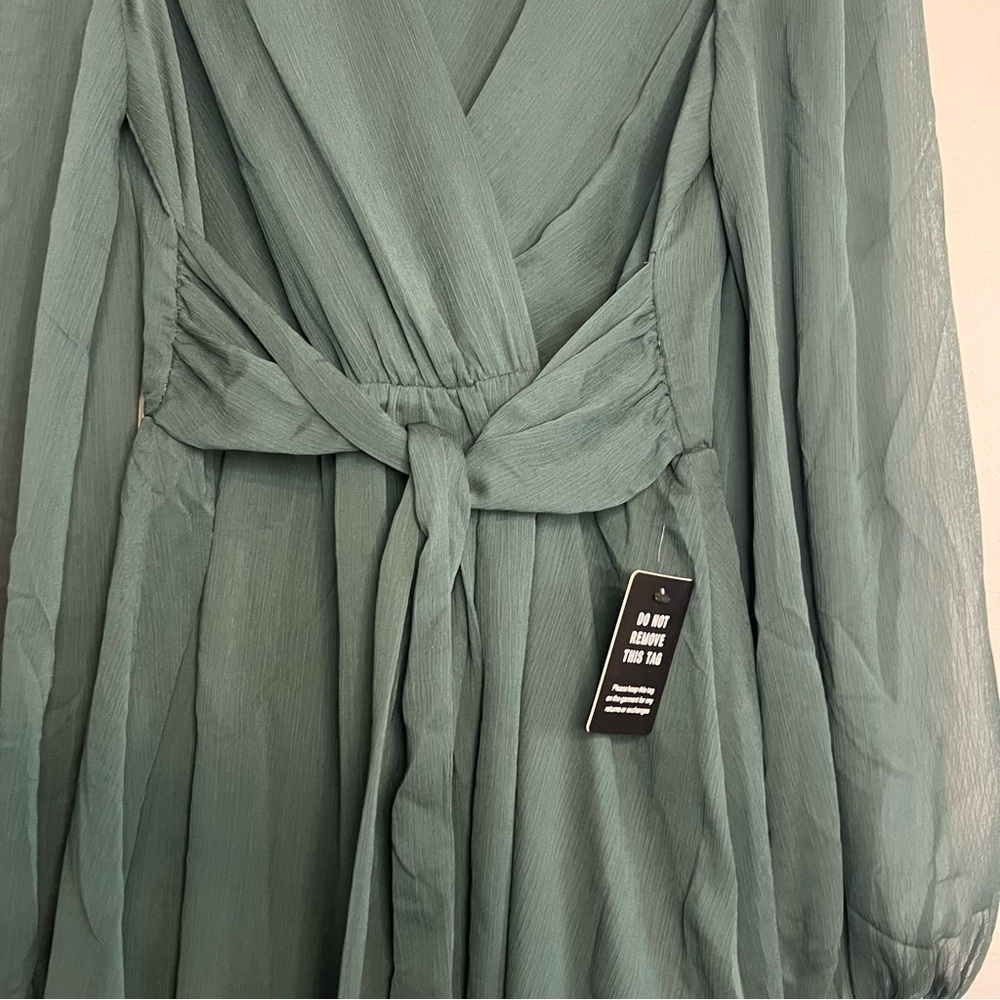 NWT Express Blouson Long Sleeve Tie Wrap Mini Dress Sz S Green Meshed Party - Picture 4 of 13